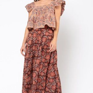 Matta Blockprint Tabi Kalamkari Top - Red & Blue Paisley print - Size M